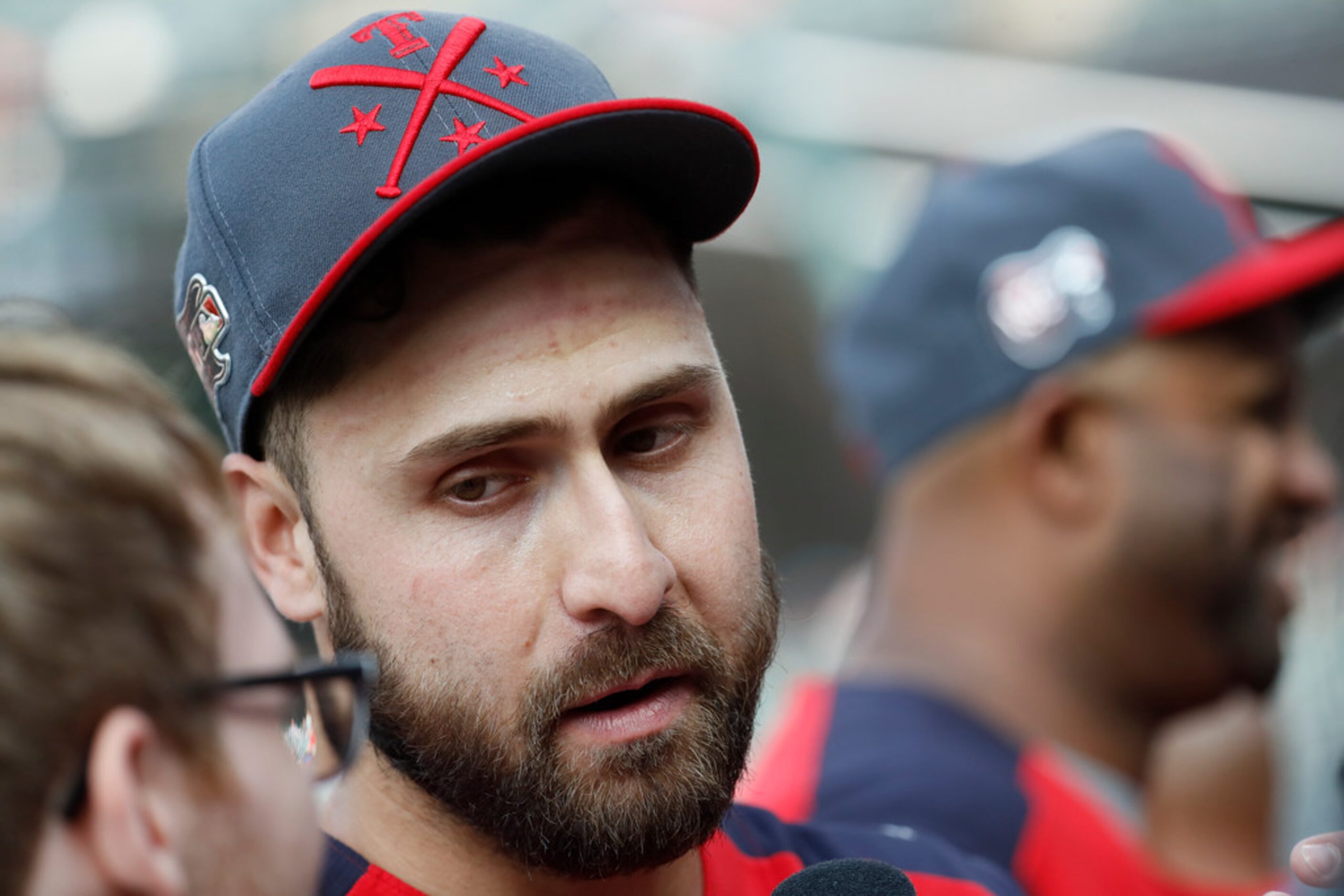 Joey Gallo, of the Texas Rangers, is interviewed during batting practice for the MLB...