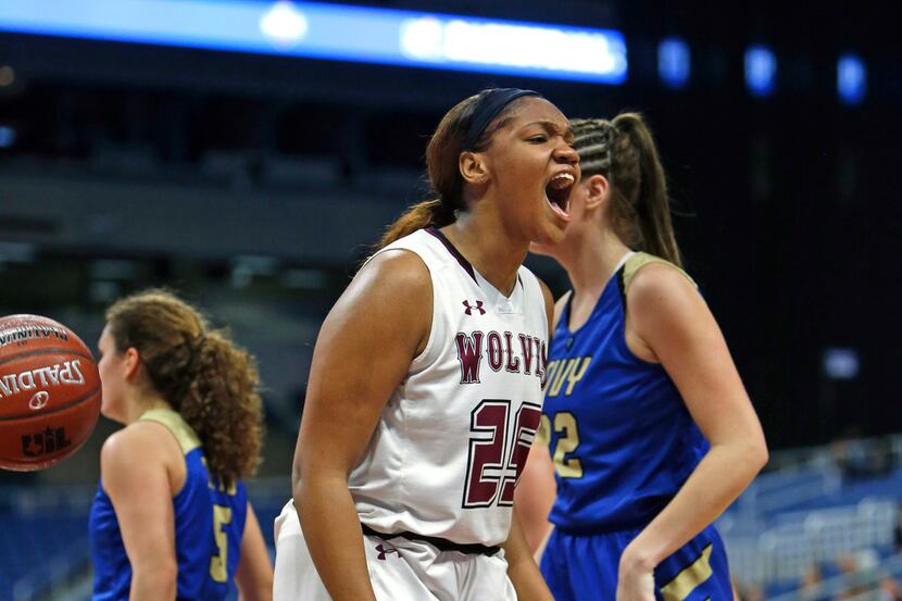 Mansfield Timberview's Lauryn Thompson reacts after a basket against Kerrville Tivy in a...
