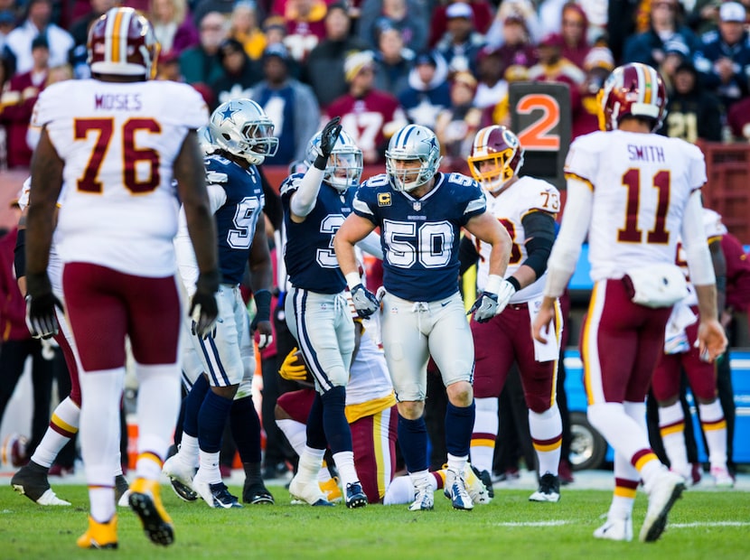 Dallas Cowboys linebacker Sean Lee (50) celebrates a tackle during the second quarter of an...