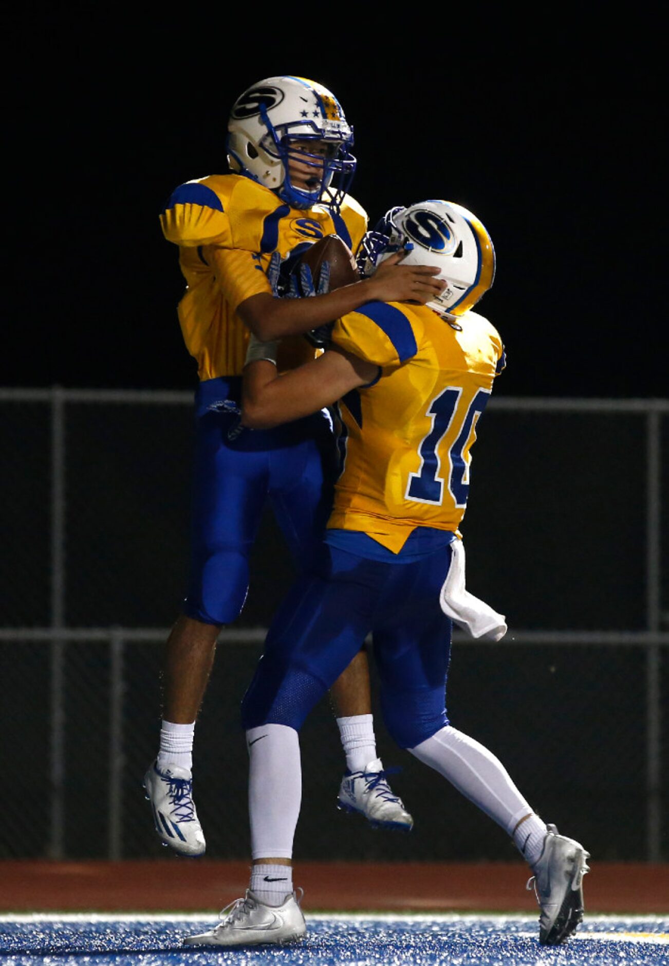 Sunnyvale defensive back Josh Gorospe celebrates his interception return for a touchdown...