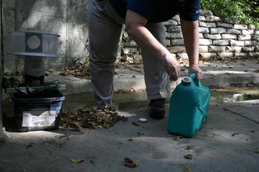 
Coppell Environmental Health specialist Carol Primeaux works to fill a mosquito trap with...