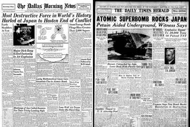 The Dallas Morning News front page published Aug. 7, 1945 and the Dallas Times Herald front...
