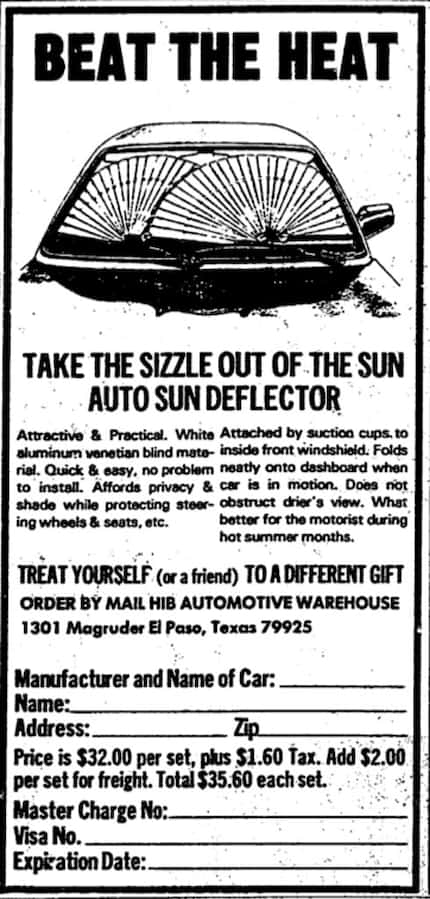 A 1983 Dallas Morning News advertisement for the Auto Sun Deflector, available by mail-order...