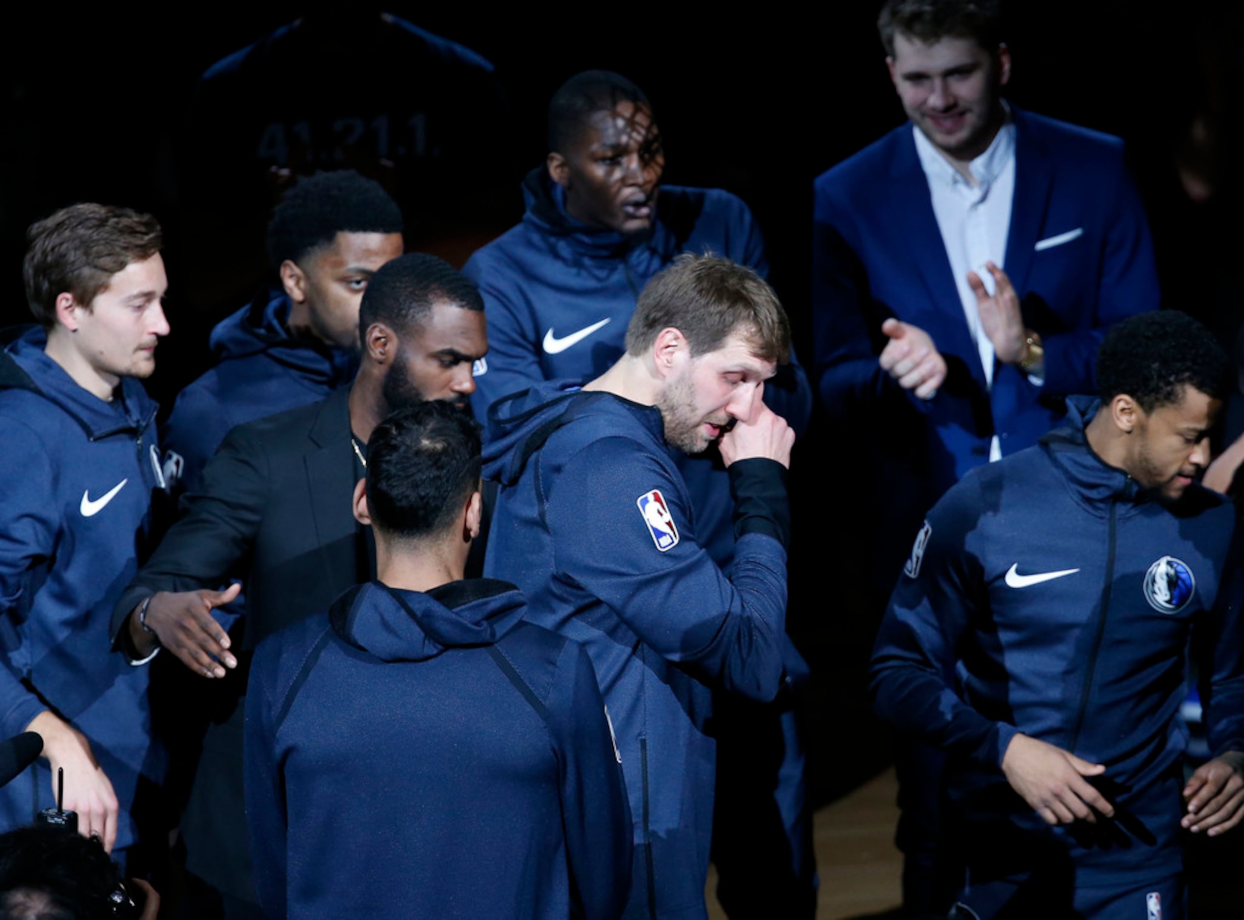 Dallas Mavericks forward Dirk Nowitzki (41) cries during a video tribute before the game...