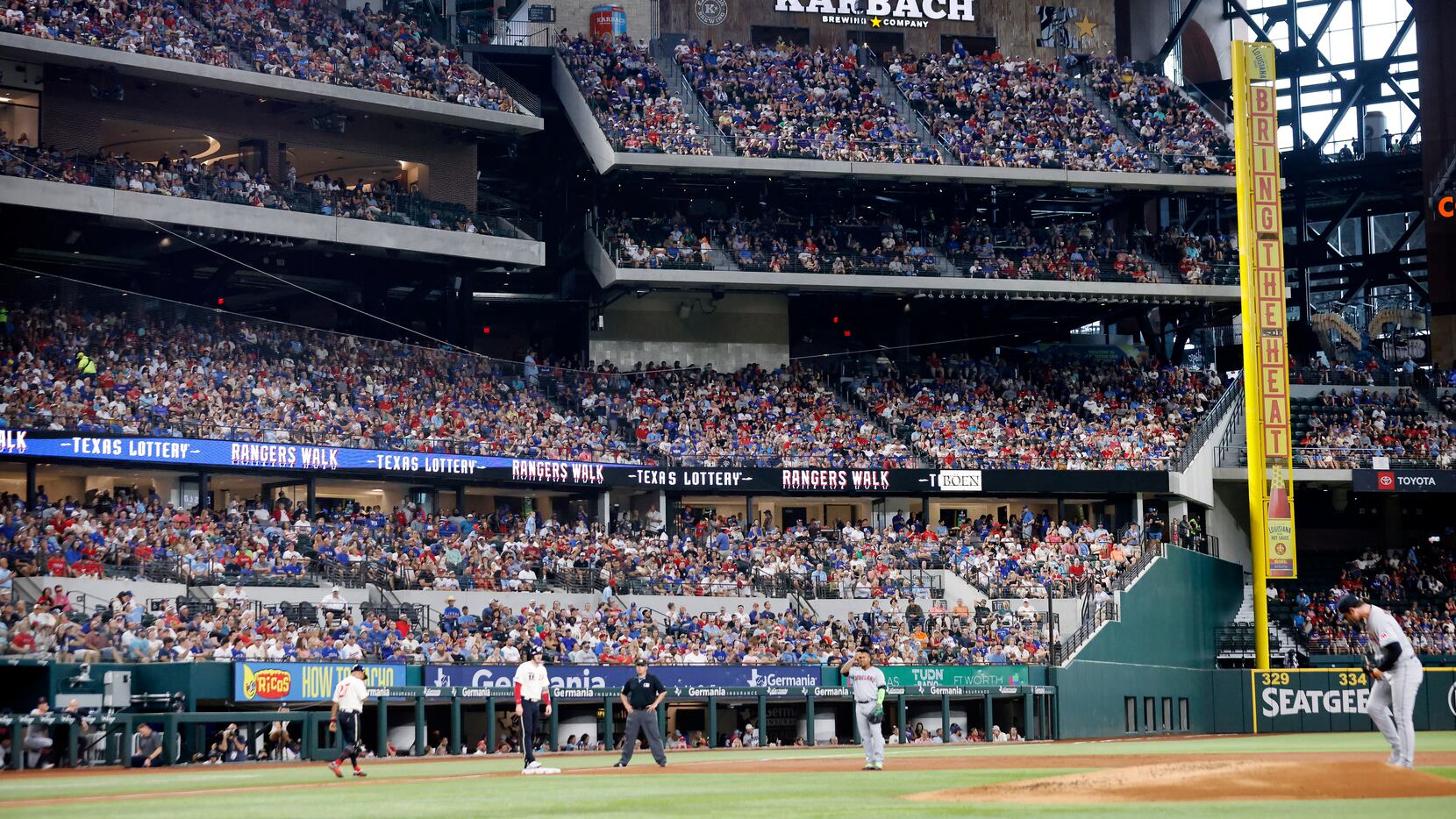 The stands were full of fans as the Texas Rangers faced the Cleveland Guardians during the...