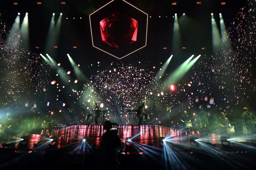 Harrison Mills and Clayton Knight of ODESZA onstage during the 2018 Coachella Valley Music...