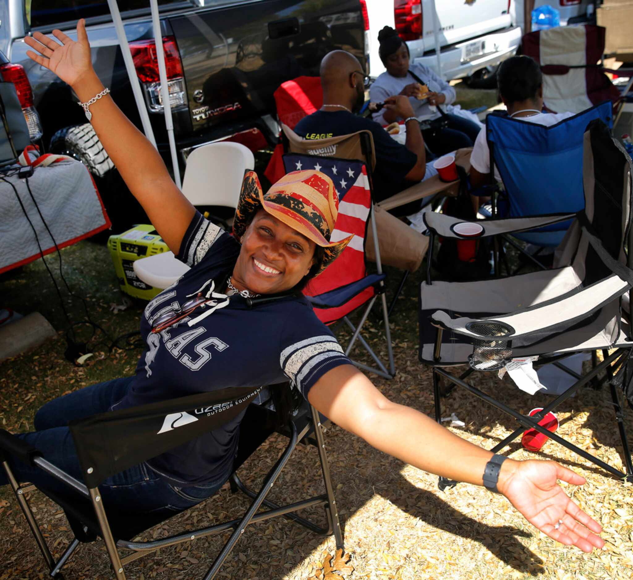Dallas Cowboys fan Veronica Wood, of Mesquite tailgates before the Green Bay Packers game at...