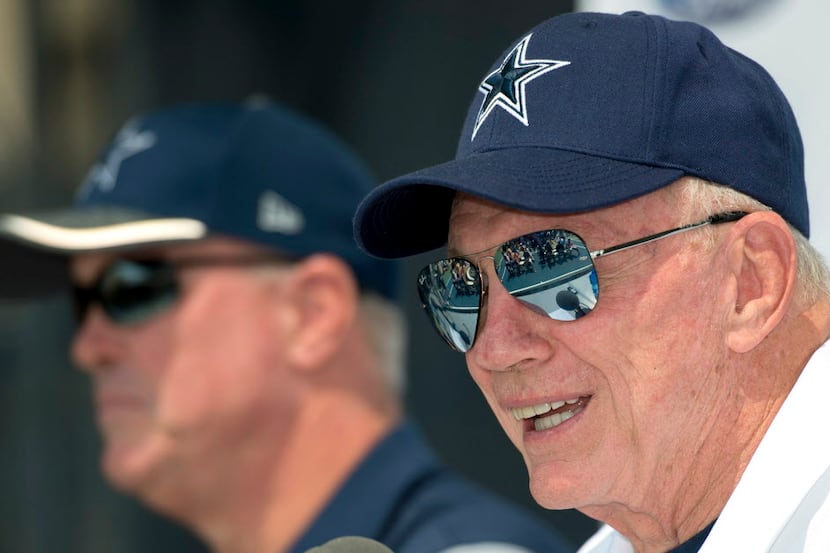 FILE - In this July 29, 2016, file photo, Dallas Cowboys owner Jerry Jones answers a...
