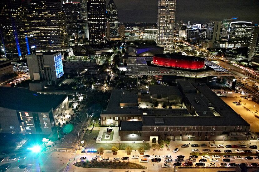This aerial image of the Dallas Arts District shows the 2013 edition of Aurora. Photograph...