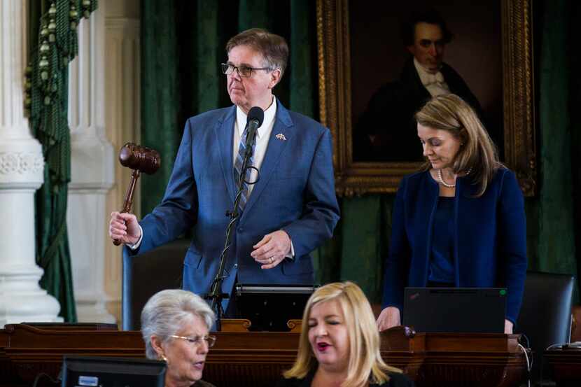 Lt. Gov. Dan Patrick bangs a gavel on the second day of the 86th Texas Legislature on Jan....