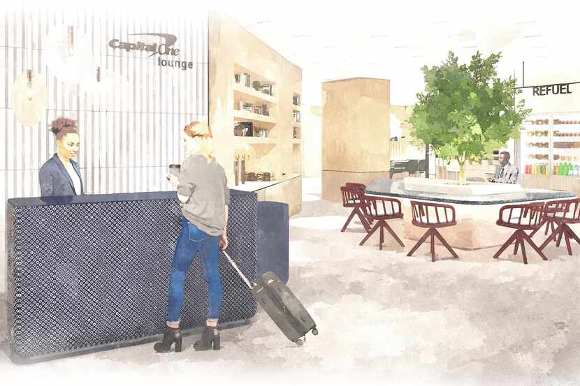Capital One is opening airport lounges at DFW and Dulles. This artist’s rendering shows the...