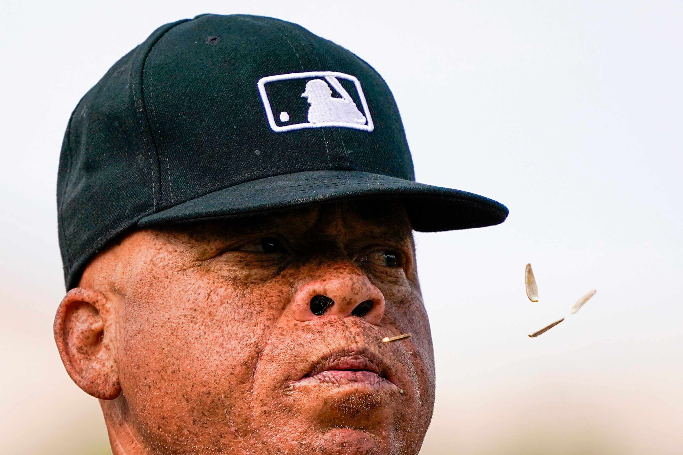 Umpire Kerwin Danley spits sunflower seeds during the seventh inning of a spring training...