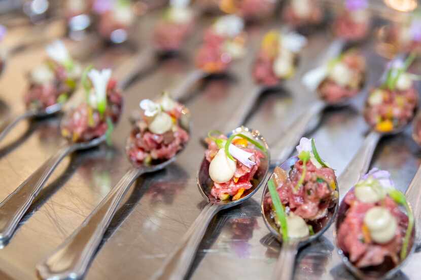 Bites of beef tartare served before a panel discussion on "Dining Out in Dallas: Past,...