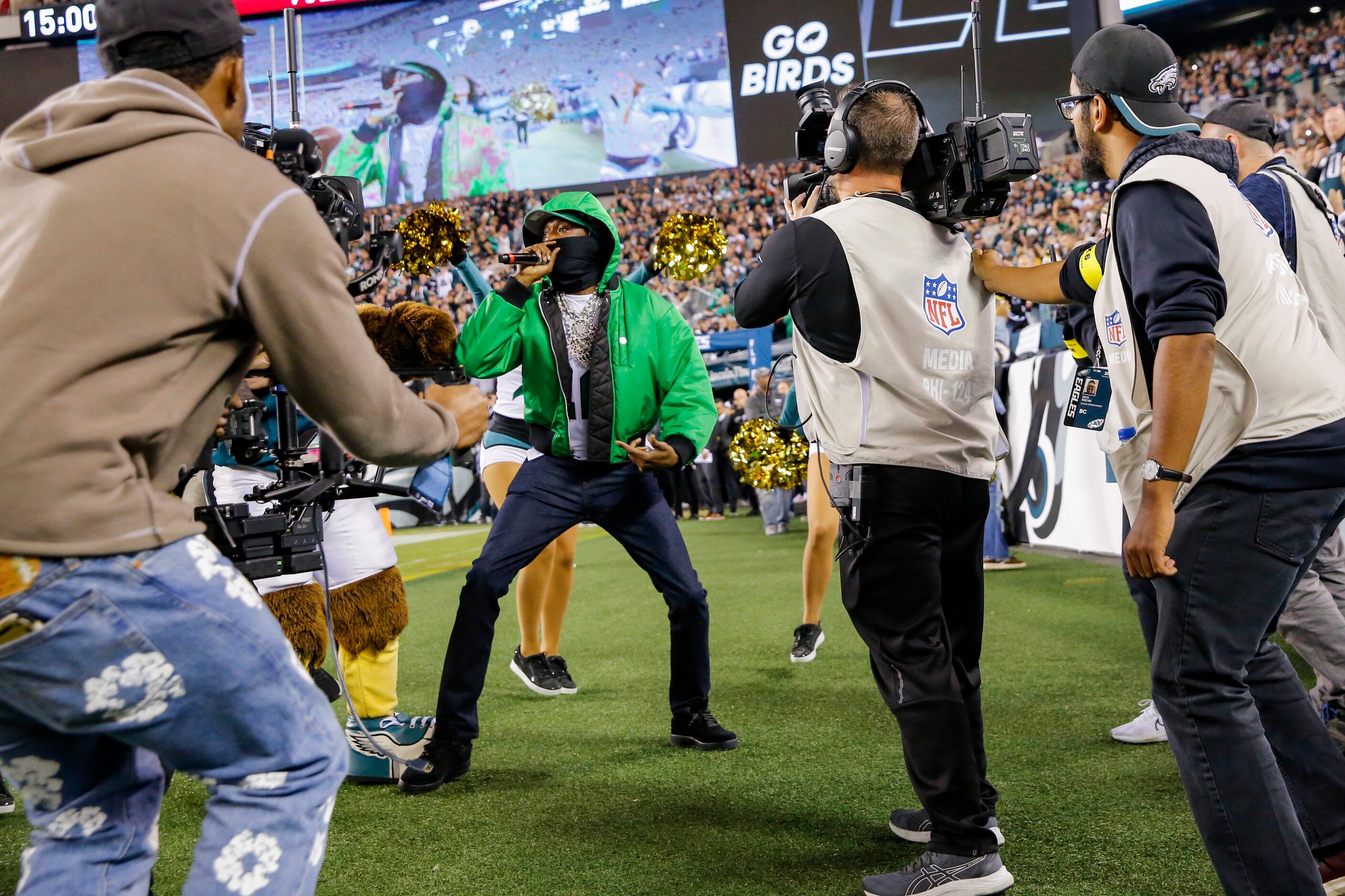 Meek Mill performs before the start of a Dallas Cowboys at Philadelphia Eagles NFL game on...