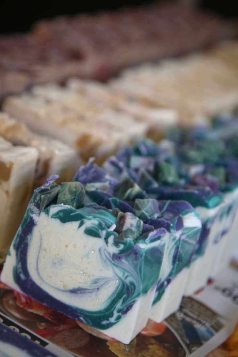 Morton's soaps, which include Ginger Sparkle, are poured into loaves and then sliced.