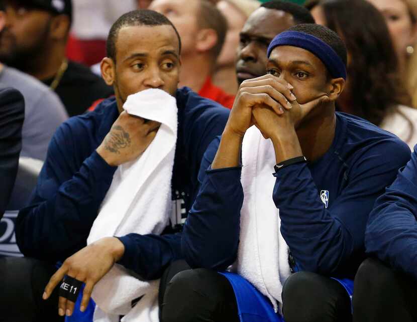 Dallas Mavericks guard Monta Ellis (11) and Dallas Mavericks guard Rajon Rondo (9) on the...