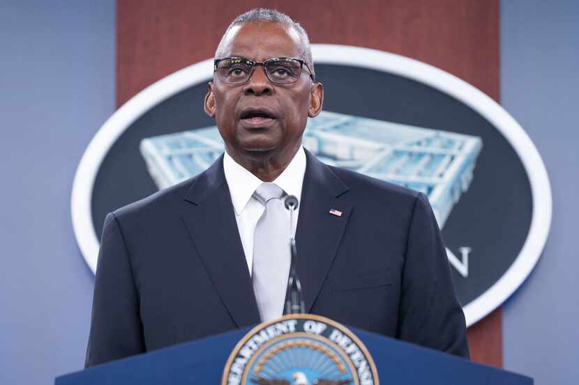 Defense Secretary Lloyd Austin speaks during a Pentagon press briefing at the Pentagon on...