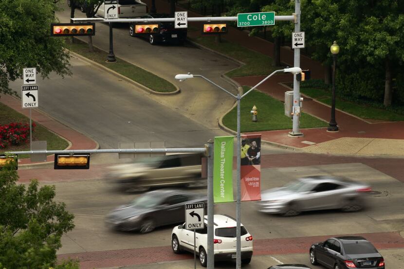 Vehicles travel one way, southbound on Cole Avenue at Blackburn Street in Uptown Dallas. 