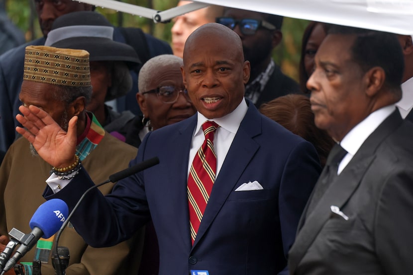 New York City Mayor Eric Adams spoke during a news conference outside Gracie Mansion on...