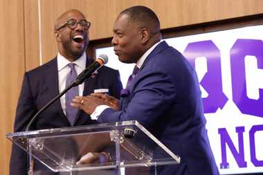 Paul Quinn College President Dr. Michael Sorrell (left) and Plano Mayor Harry LaRosiliere...