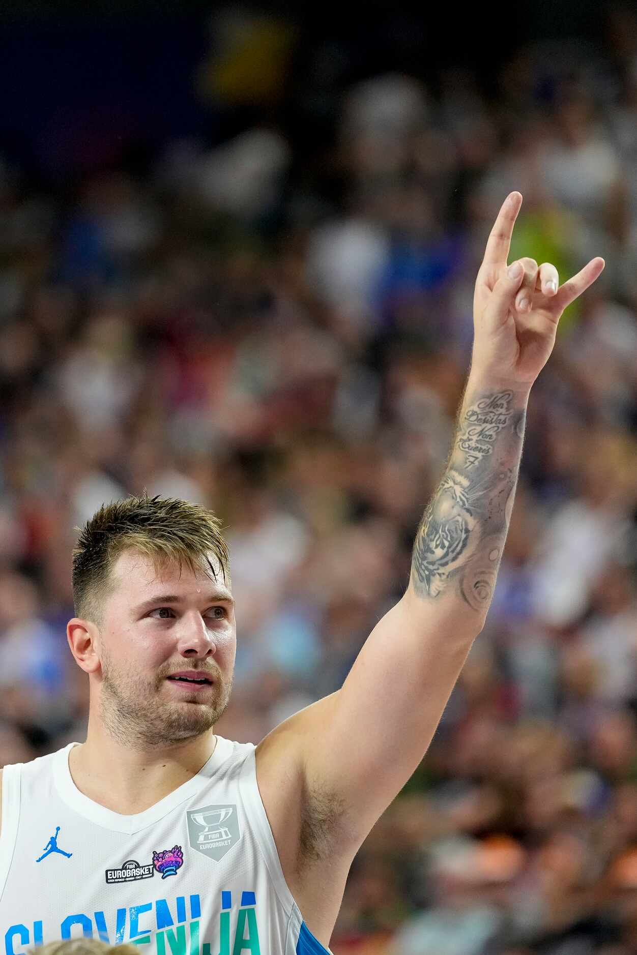 COLOGNE, GERMANY - SEPTEMBER 01: Luka Doncic of Slovenia gestures during the FIBA EuroBasket...