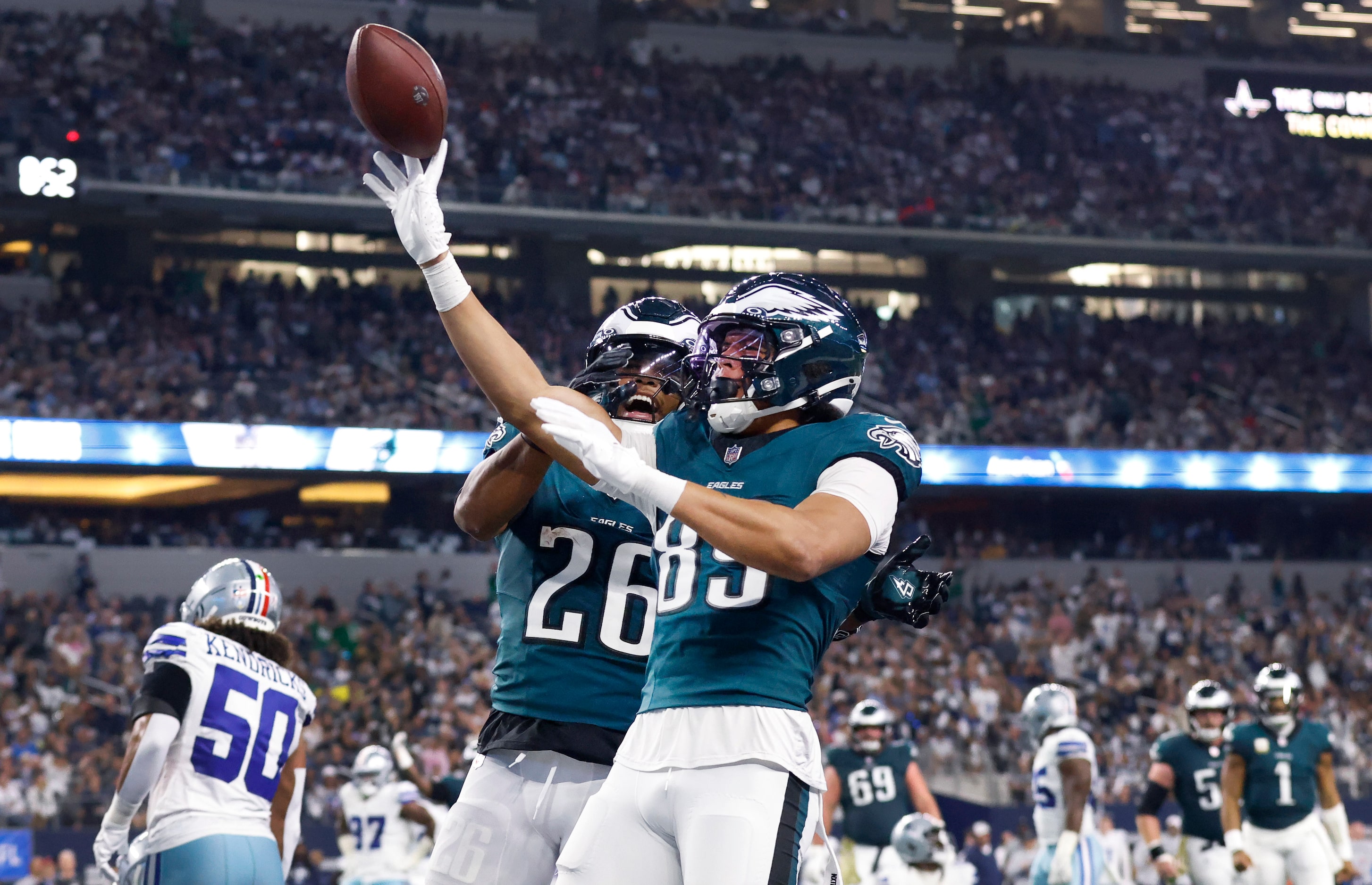 Philadelphia Eagles wide receiver Johnny Wilson (89) throws the football to fans after...