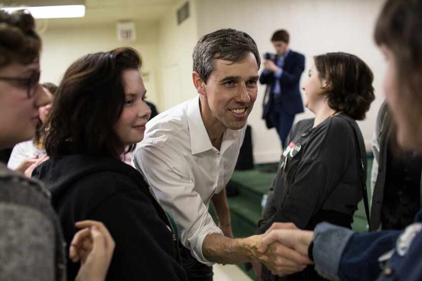 Texas Rep. Beto O'Rourke, a Democrat running for a U.S. Senate seat, greets supporters at...