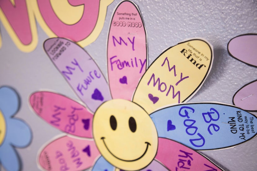 A detail of the “Painting positivity” wall on the hallway of a dormitory at Nexus Recovery...