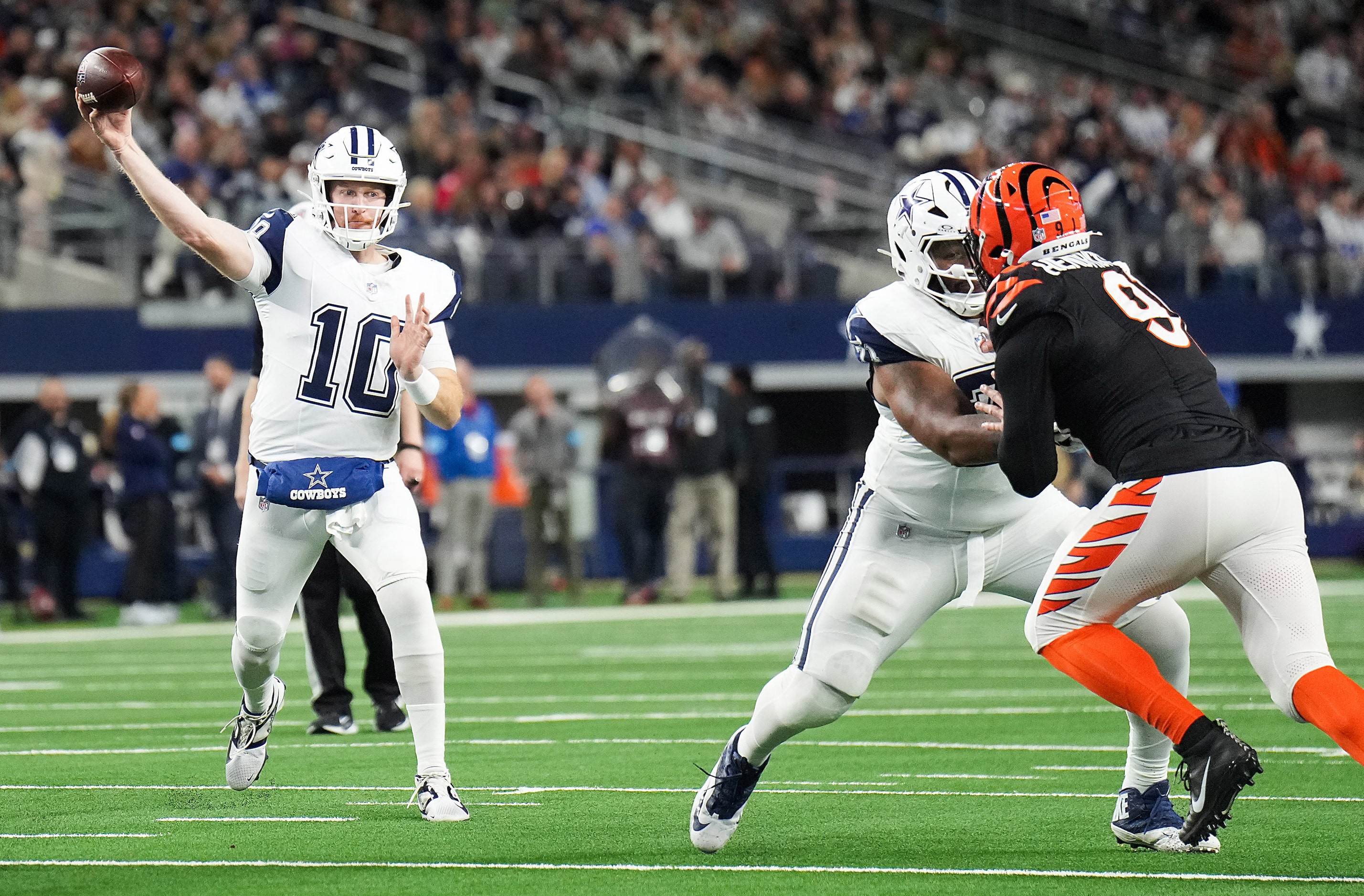 Dallas Cowboys quarterback Cooper Rush (10) throws a pass that was intercepted during the...