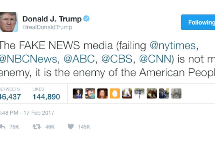 A Feb. 17 tweet from @realDonaldTrump about the fake news media being an enemy of the...