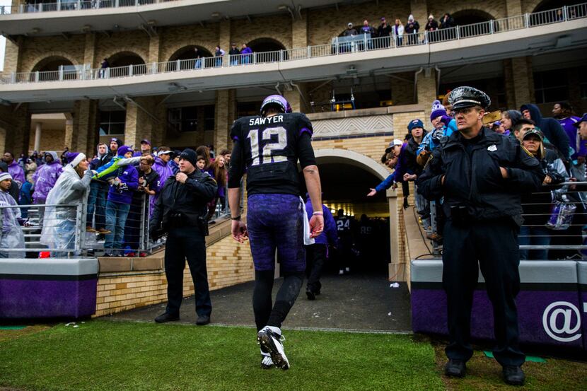 TCU Horned Frogs quarterback Foster Sawyer (12) walks off the field after a 30-6 loss to...