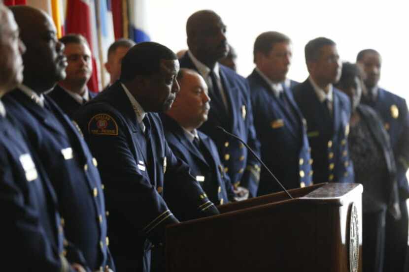 
Dallas Fire Chief Louie Bright III gave a statement in September 2014 at City Hall but took...