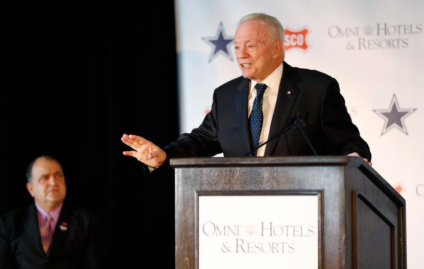 Dallas Cowboys owner Jerry Jones talks to the media during a press conference about the Omni...