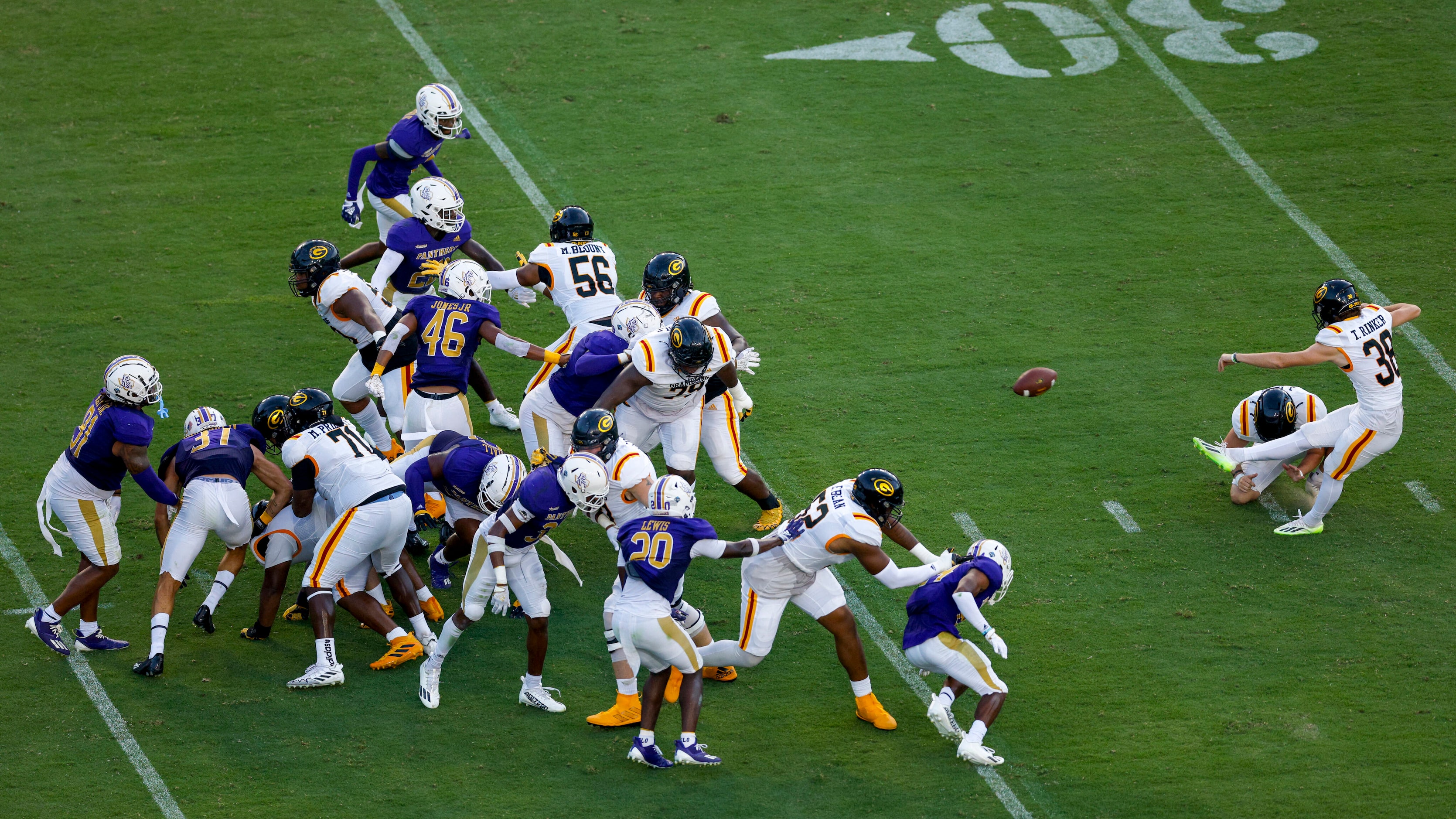 Grambling State kicker Tanner Rinker (38) kicks a field goal during the first half of the...