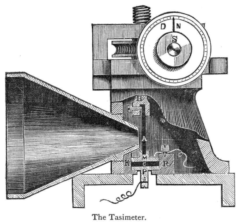 A cross section of Thomas Edison's tasimeter from "Edison and His Inventions," by J. B....