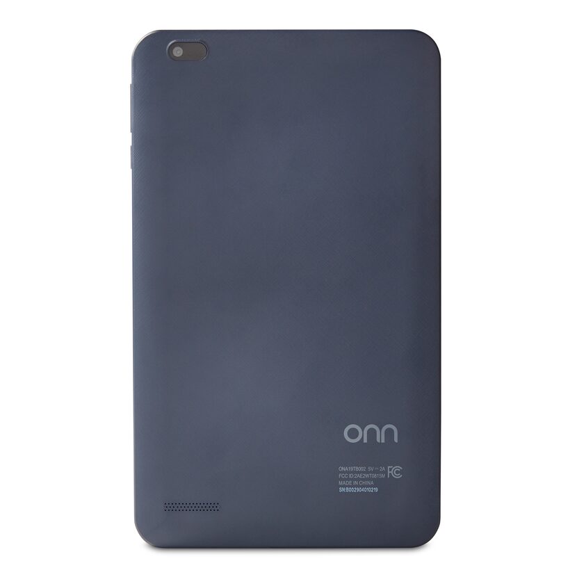 The rear of the Onn 8-inch Android Tablet shows the main camera and speaker.