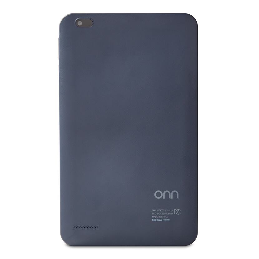 The rear of the Onn 8-inch Android Tablet shows the main camera and speaker.