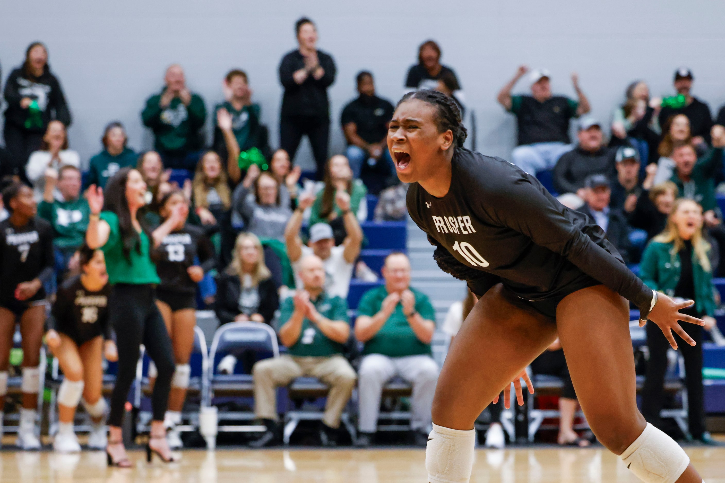 Prosper high school’s Hannah Beauford celebrates after a point against Plano West High...