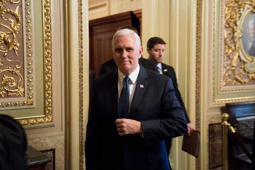 Vice President Mike Pence leaves a meeting on Capitol Hill on Tuesday, Feb. 13, 2018.