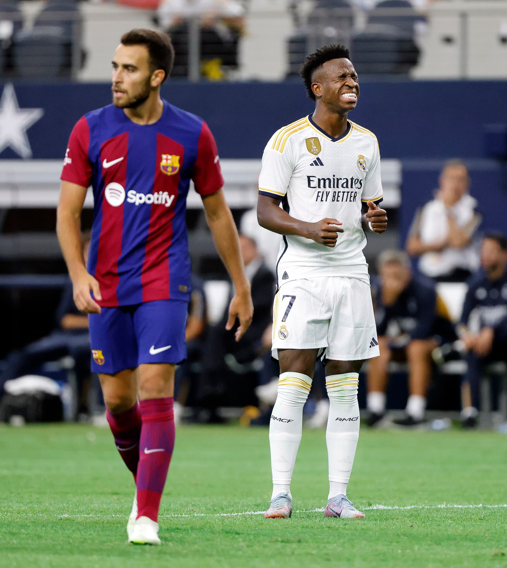 Real Madrid’s Vinícius Júnior (7) reacts after missing a second half goal against the...