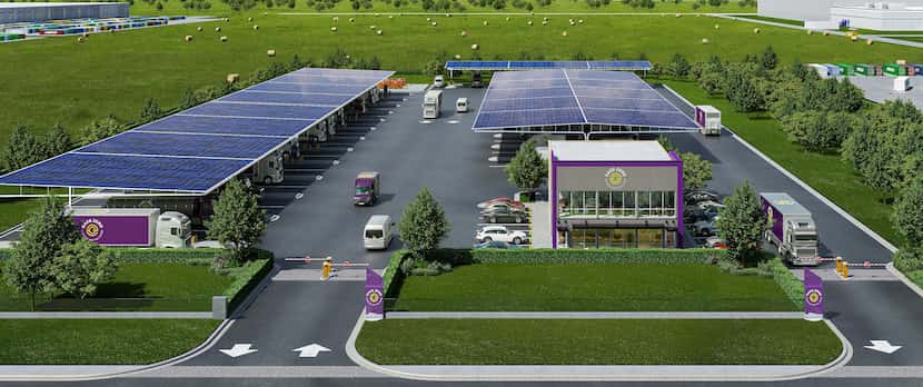 A rendering of the heavy-duty truck charging center set to open at Alliance next year.