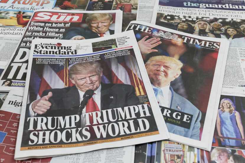 UK newspapers The Sun, The Times and The Evening Standard feature Donald Trump's victory in...