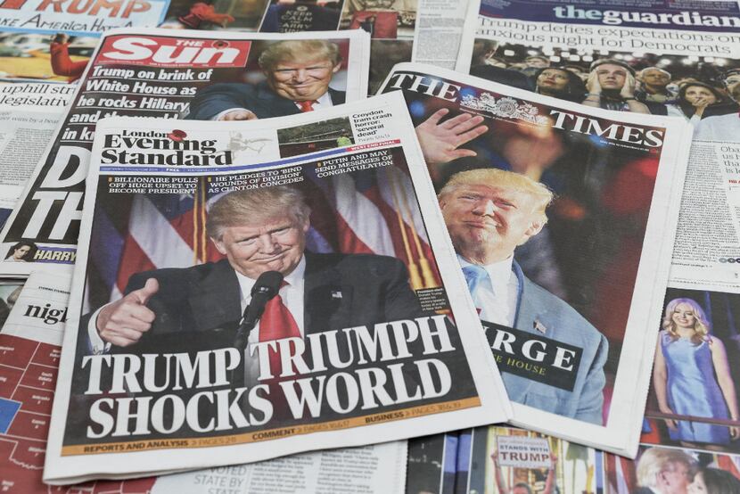 UK newspapers The Sun, The Times and The Evening Standard feature Donald Trump's victory in...