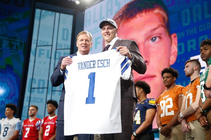 Dallas Cowboys pick Leighton Vander Esch during the first round of the NFL Draft at AT&T...