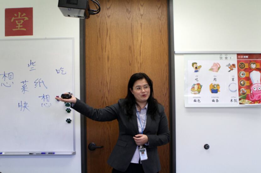 Mandarin Chinese teacher Janet Lin leads a class at the Westwood School.