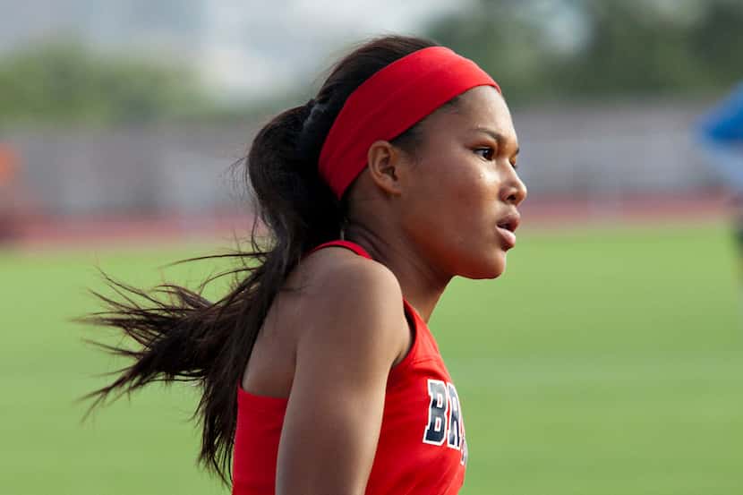 Mckinney Boyd's Aaliyah Miller rounds the corner during the 800 meter run at the 6A UIL...