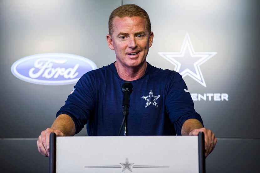 Dallas Cowboys head coach Jason Garrett speak to reporters before practice on Wednesday,...