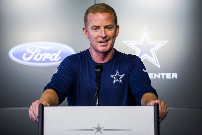 Dallas Cowboys head coach Jason Garrett speak to reporters before practice on Wednesday,...