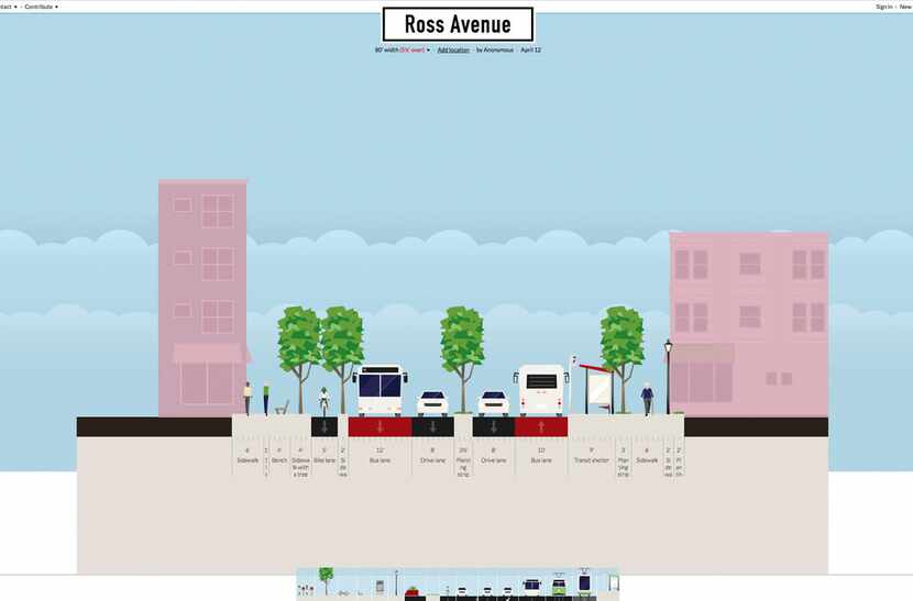 A screenshot of Mark Lamster's re-do of Ross Avenue, using the Streetmix web interface.  