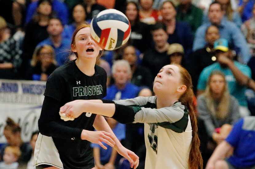 Prosper High School liber Sophie Bridges (20) makes a pass during game three as Plano West...